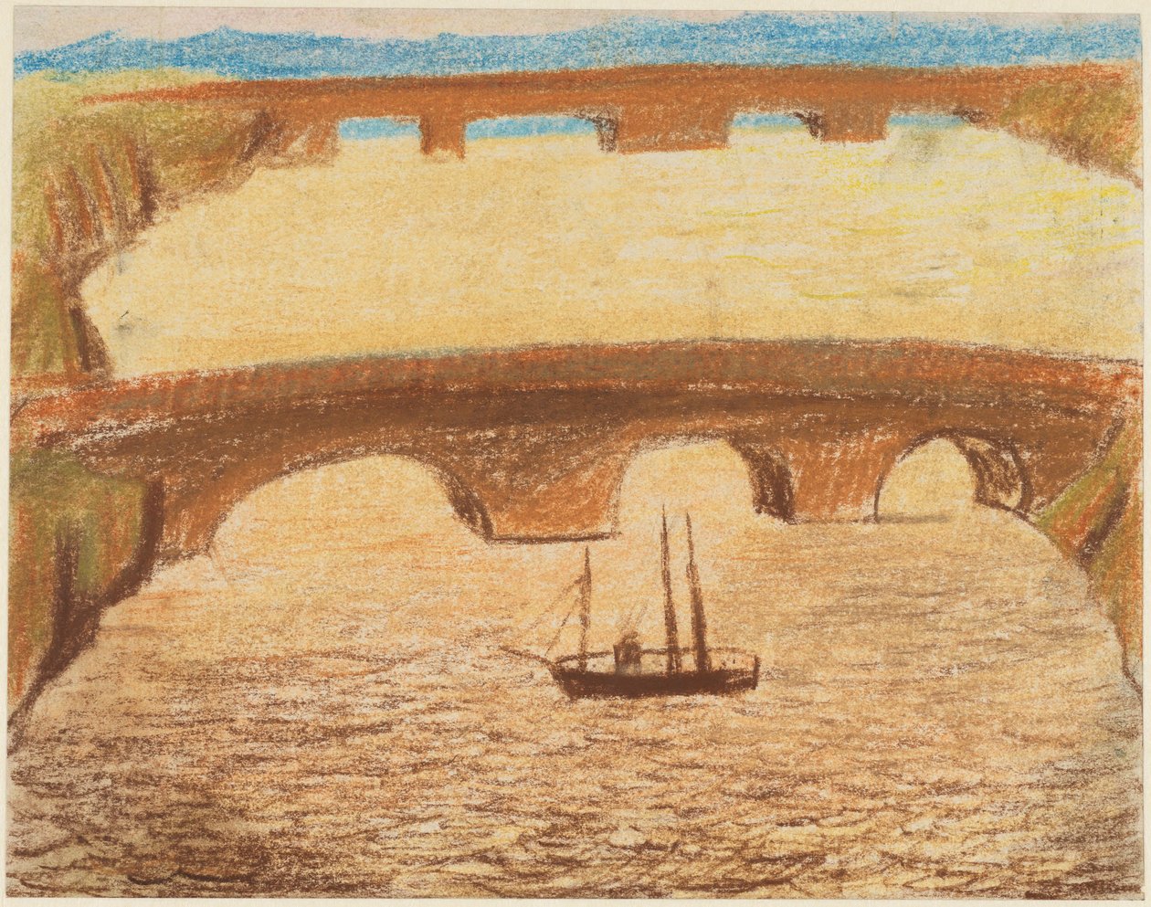 Lange Steinbrücken über Fluss mit einem Schiff da Carl Fredrik Hill