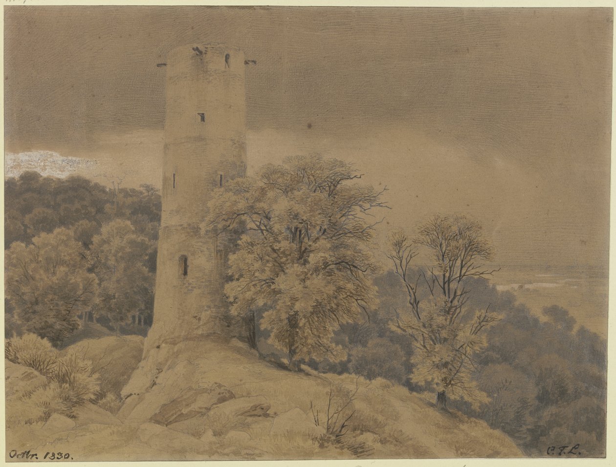 Paesaggio boschivo con torre di guardia da Carl Friedrich Lessing