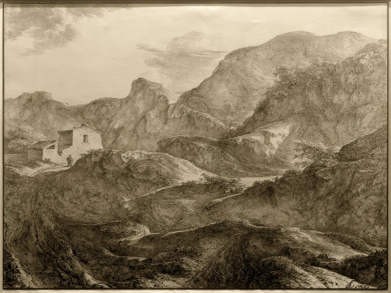Paesaggio montano, a sinistra una casa con un viandante davanti da Carl Friedrich von Rumohr
