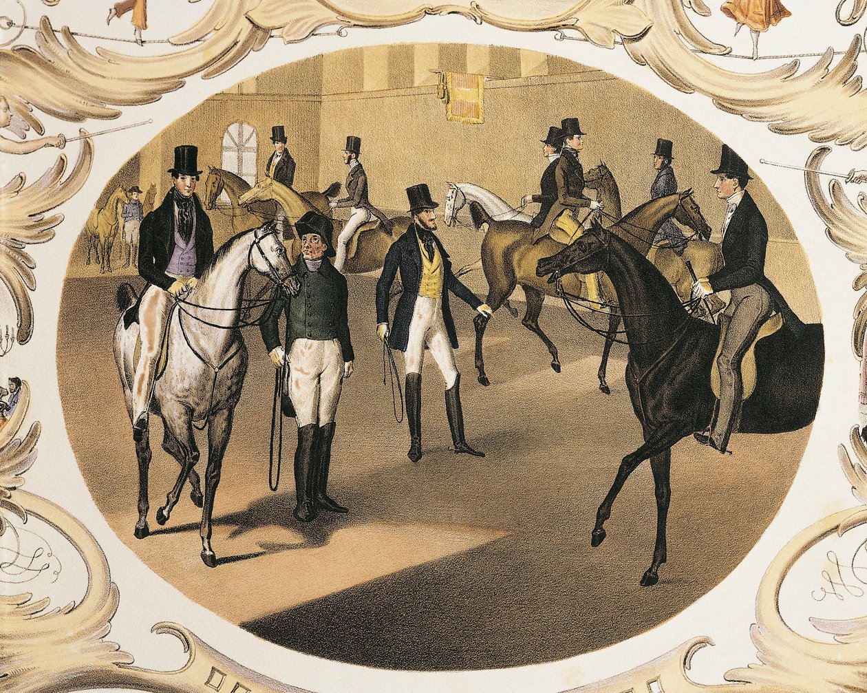 Austria, Vienna, Scuola di Equitazione di Carl Kunz e Johann Geiger, Litografia a colori da Carl and Geiger Peter Johann Nepomuk Kunz