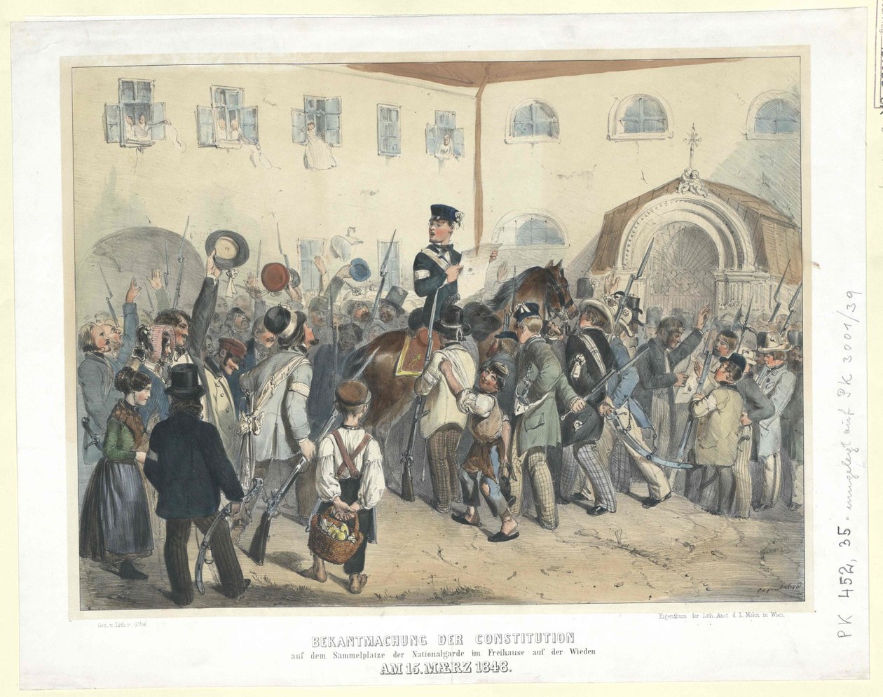 Proclamazione della Costituzione nel luogo di incontro della Guardia Nazionale nella Freihaus (Casa Libera) a Wieden il 15 marzo 1848 da Carl Goebel