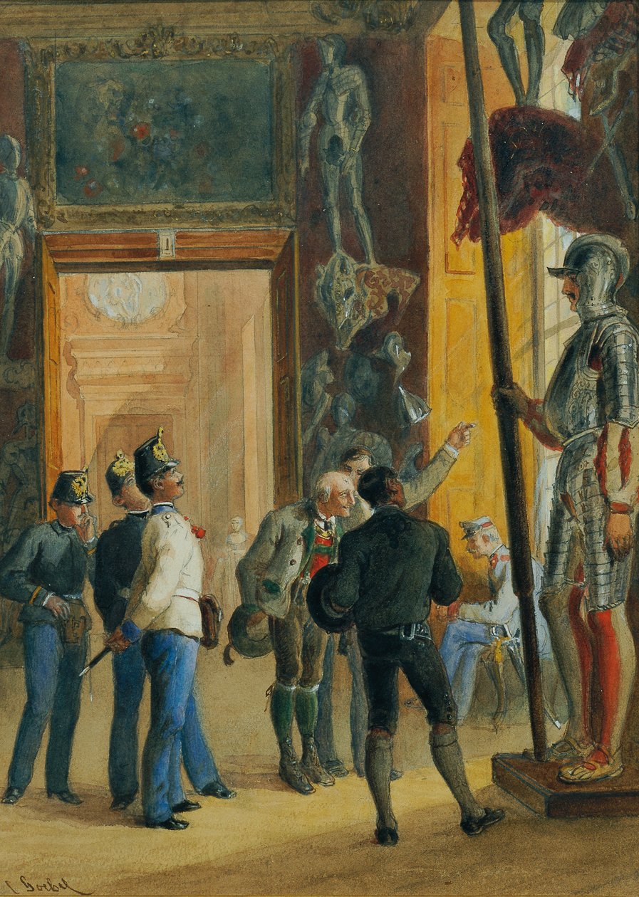 Ufficiali austriaci e due tirolesi visitano la collezione Ambras al Belvedere inferiore da Carl Goebel d. J.