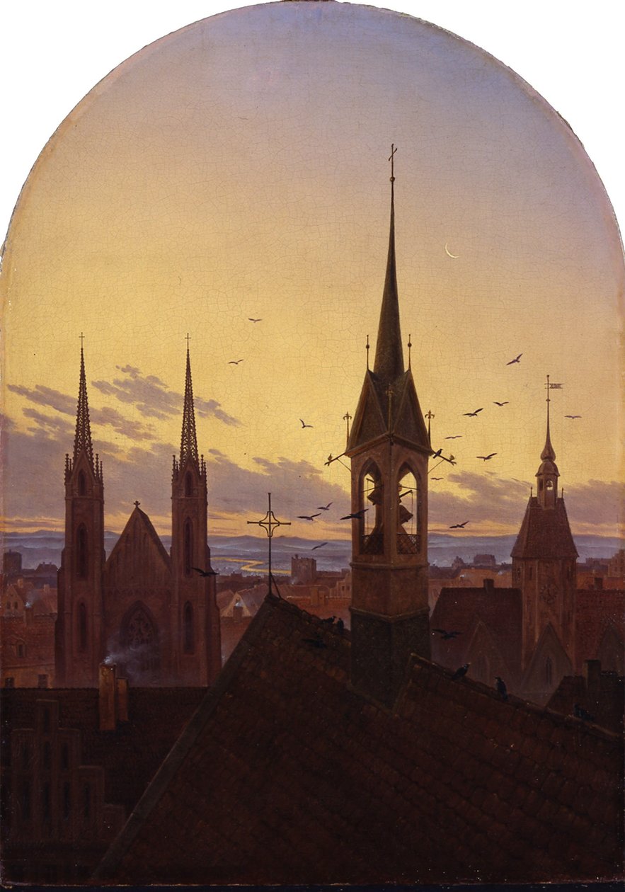 Tedesco: Frühläuten (Altdeutsche Stadt im Frühlicht) Scampanio mattutino (Antica città tedesca alla luce del mattino) da Carl Gustav Carus