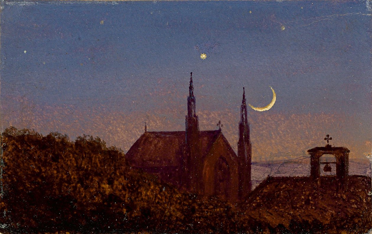 German: Gothic church above treetops by moonlight (Piccolo paesaggio al chiaro di luna con piccola chiesa) da Carl Gustav Carus
