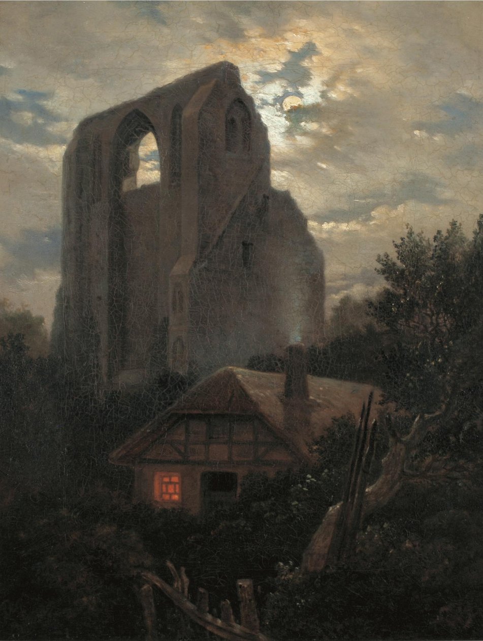 Rovine del Monastero di Eldena con casetta vicino a Greifswald al chiaro di luna da Carl Gustav Carus