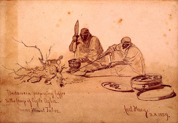 Beduini che preparano il caffè nel campo di Agile Agha, vicino al Monte Jaboz da Carl Haag