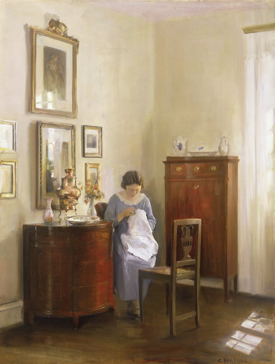 Interno con signora che cuce, c.1910 da Carl Holsoe