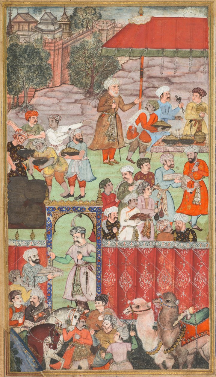 Un banchetto per Babur ospitato dal suo fratellastro Jahangir Mirza a Ghazni nel maggio 1505, da un Babur-nama (Memorie di Babur) da Carl Julius Rieden