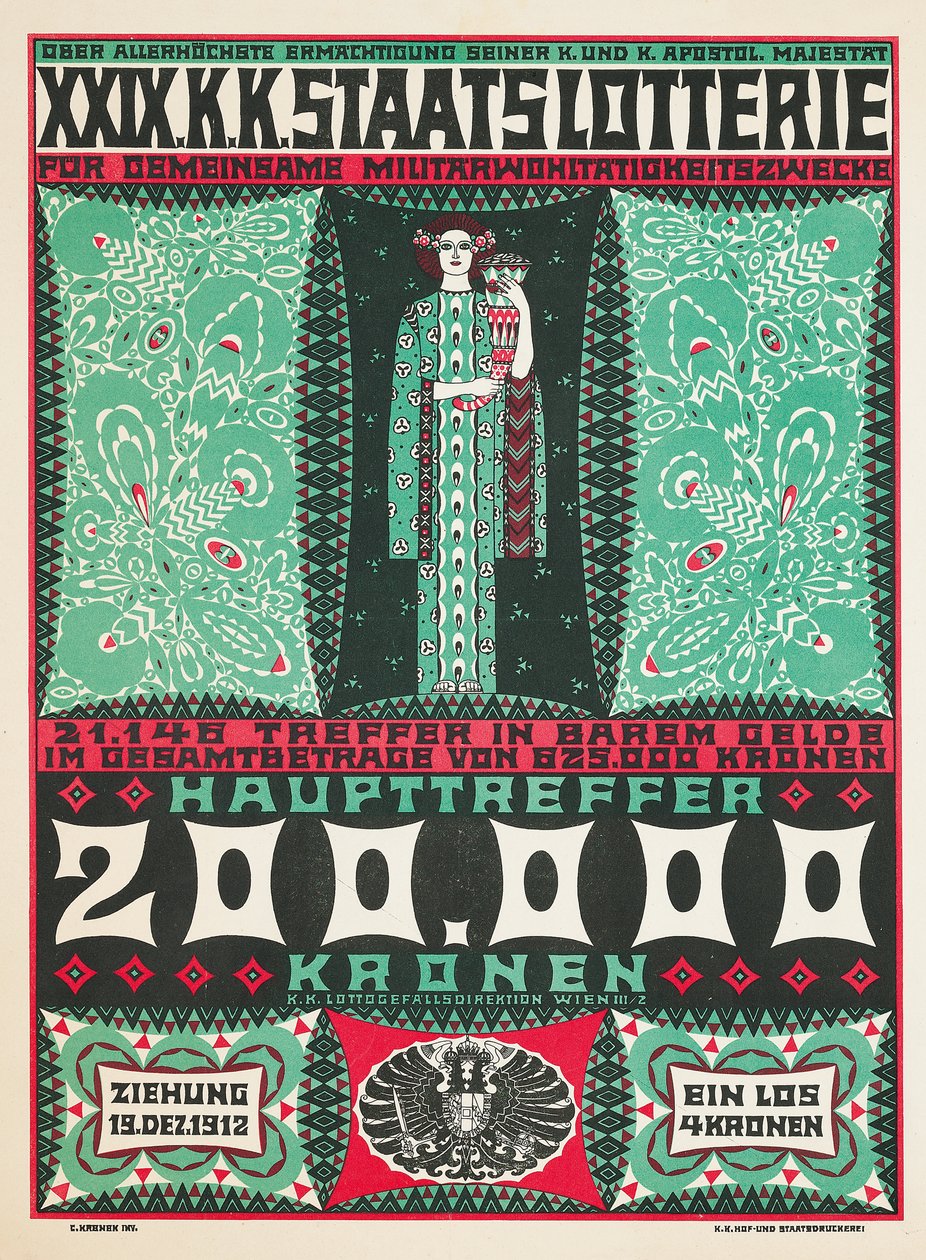 Poster pubblicitario per la 24ª lotteria di beneficenza reale austriaca nel 1912 da Carl Krenek