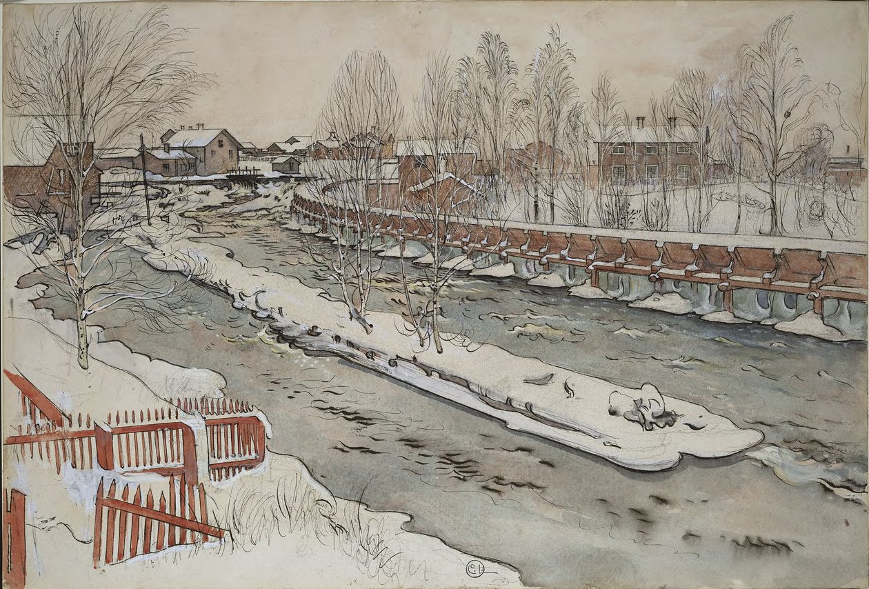 Lo scivolo per il legname. Paesaggio invernale. Da *A Home* (26 acquerelli) da Carl Larsson