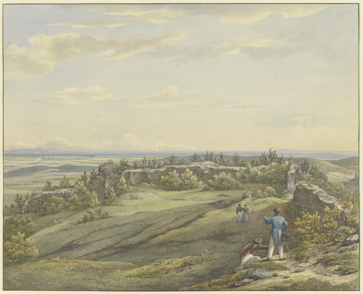 Cortile del castello in rovina di Falkenstein con vista sulla pianura del Meno, sull