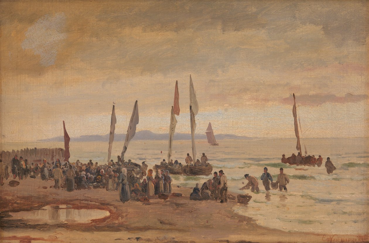 Pescatori di ritorno accolti sulla spiaggia di Hornbæk da Carl Neumann