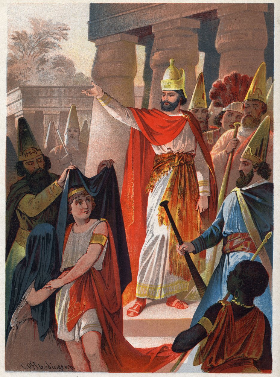 Su un segno di Sarastro, un sacerdote stende grandi vele nere sul Principe Tamino e la Principessa Pamina. Illustrazione di Carl Offterdinger (1829-1889) in "Il flauto magico" (Die Zauberflöte, The Magic Flute). Collezione privata da Carl Offterdinger