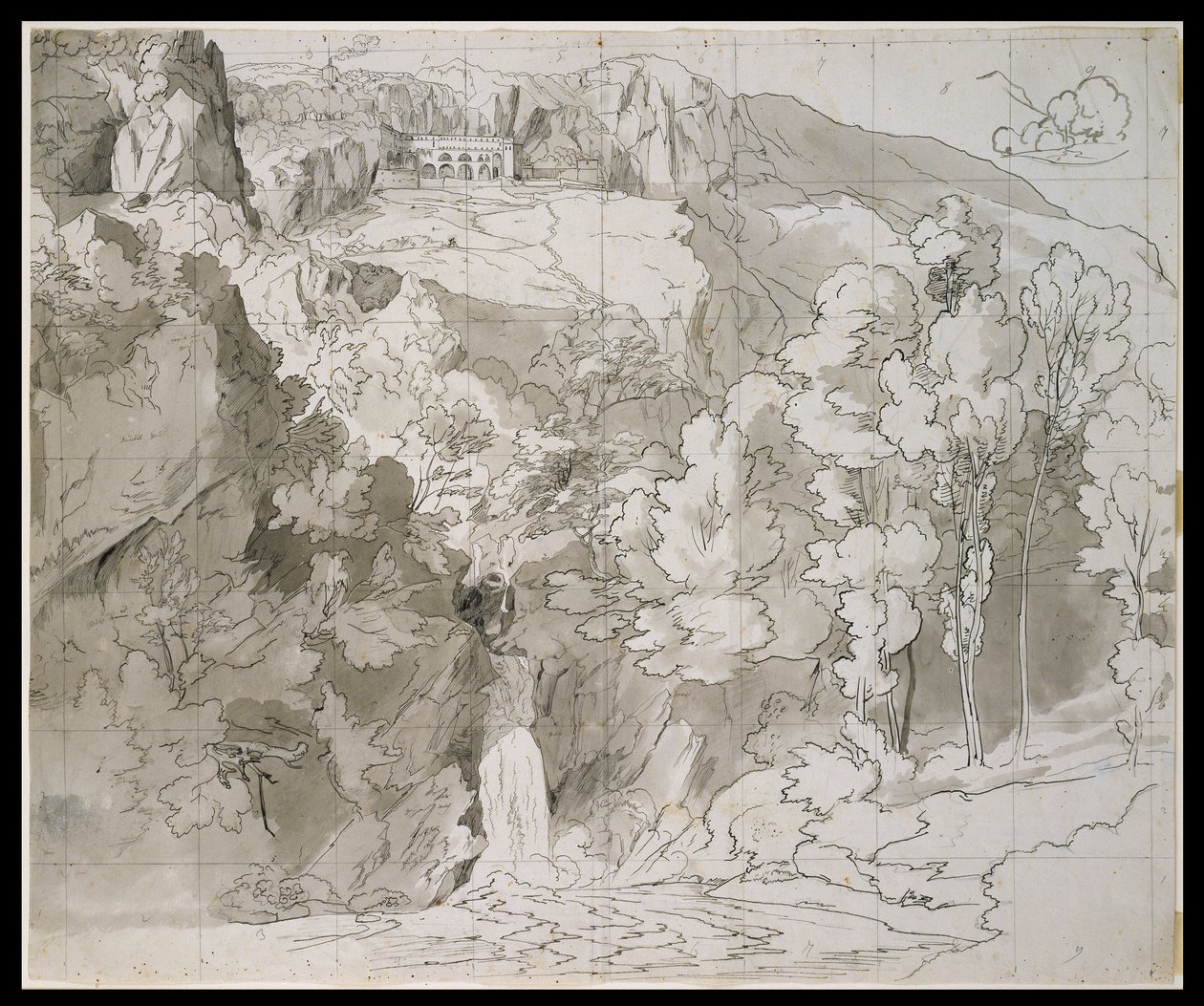Paesaggio nei pressi di Subiaco con una cascata e il monastero di San Benedetto da Carl Philipp Fohr