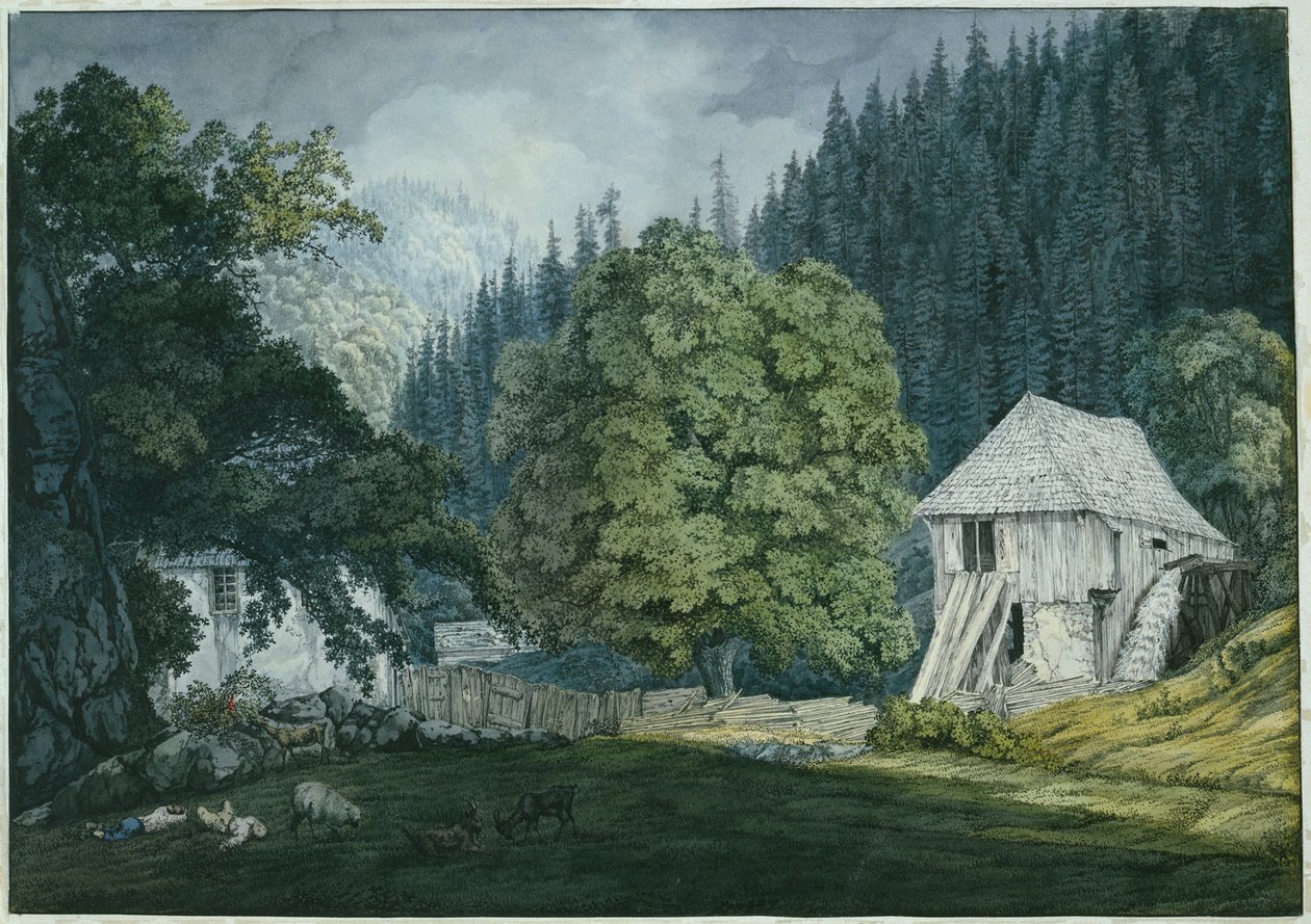 Mulino da taglio nella valle di Beuern (Foglio 8 dal taccuino dei dintorni di Baden) da Carl Philipp Fohr