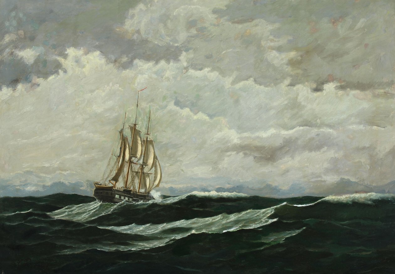 Marina con nave da guerra in alto mare da Carl Rasmussen