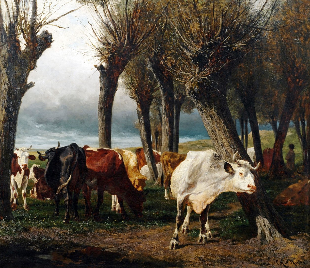 Tedesco: Mandria di bovini sotto salici impollinati. da Carl Rudolf Huber