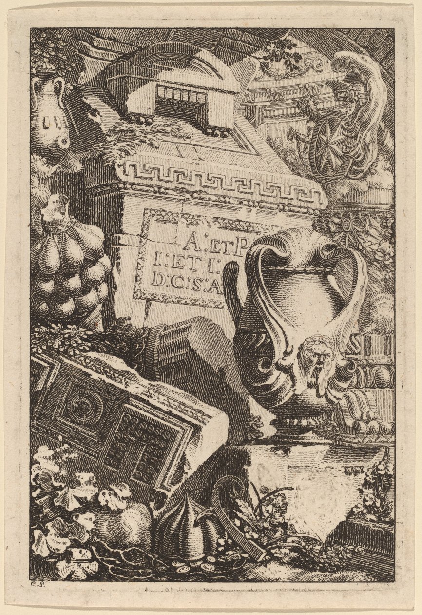 Fantasia di una tomba antica con frammenti di architettura e scultura da Carl Schütz