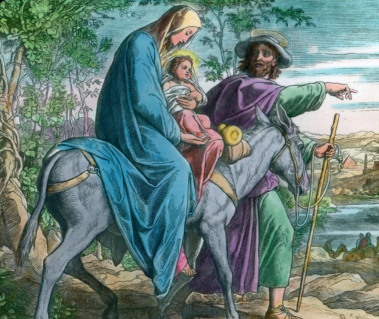 Fuga in Egitto. Illustrazione biblica (non datata) del pittore tedesco Julius Schnorr von Carolsfeld (1794 - 1872). Data immagine: circa 1900. Archivio Carl Simon da Carl Simon