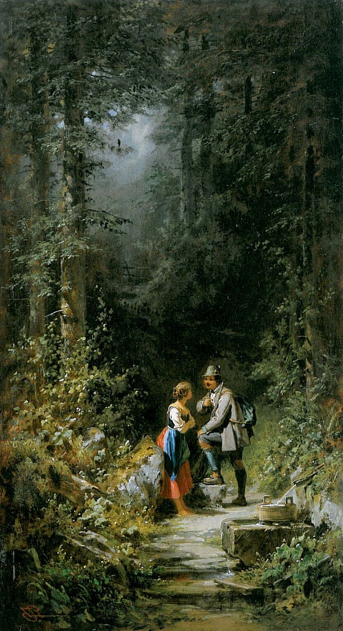 Cacciatore e pastorella alla fontana del bosco da Carl Spitzweg