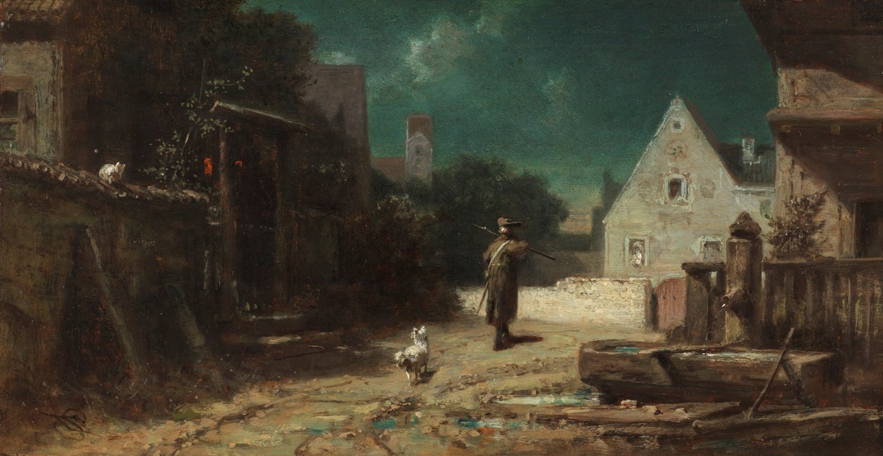 Il guardiano notturno al chiaro di luna, o Cane e gatto, c. 1870 da Carl Spitzweg