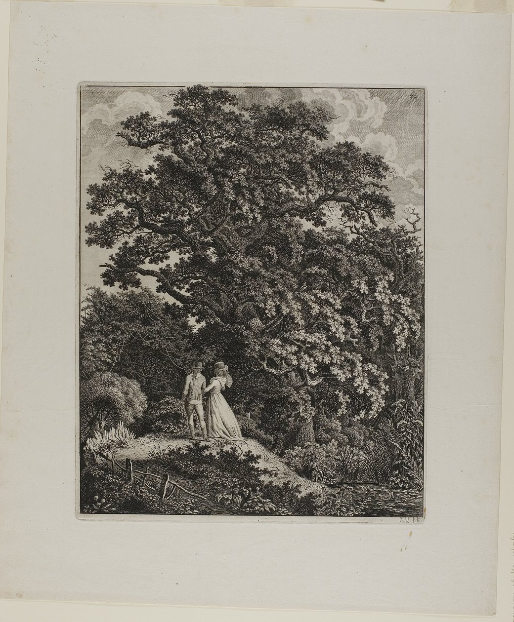 Paesaggio boschivo con una coppia elegante che cammina sotto una quercia da Carl Wilhelm Kolbe, the elder