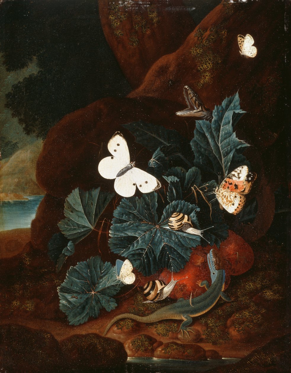 Natura morta sul pavimento della foresta con una lucertola, farfalle, lumaca e un serpente da Carl Wilhelm de Hamilton