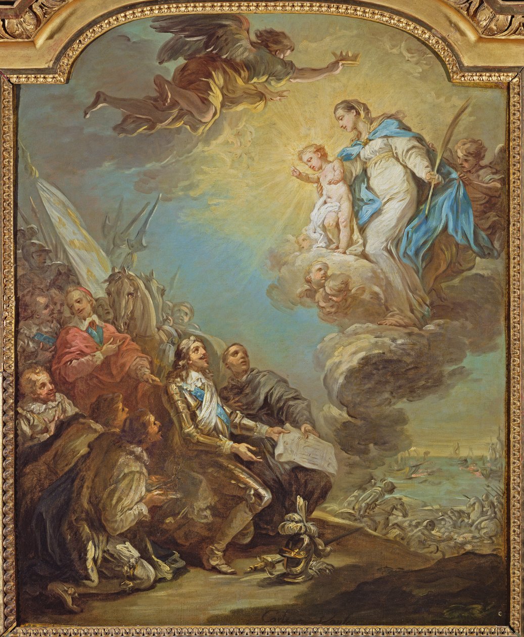 Studio per Luigi XIII (1601-43) che dedica la chiesa di Notre-Dame-des-Victoires alla Vergine nel 1629, prima del 1748 da Carle van Loo