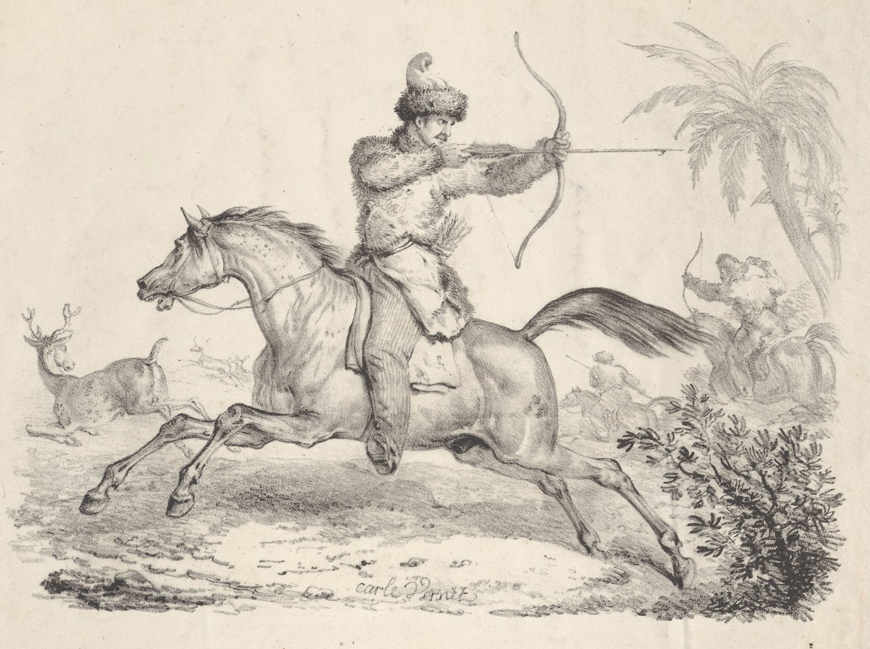 Cosacchi a cavallo che cacciano cervi, 1821-36 da Carle Vernet