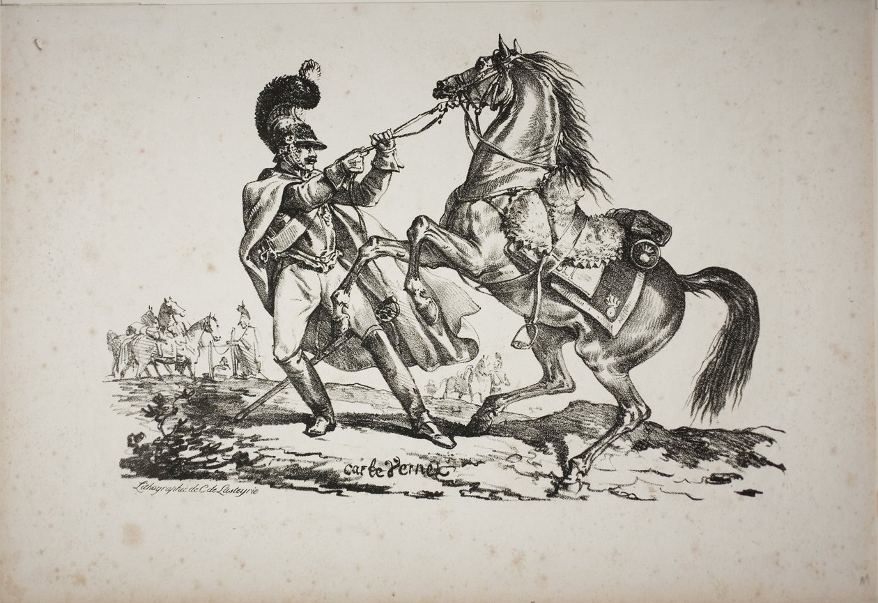 Corazziere a piedi che trattiene il suo cavallo impennato da Carle Vernet