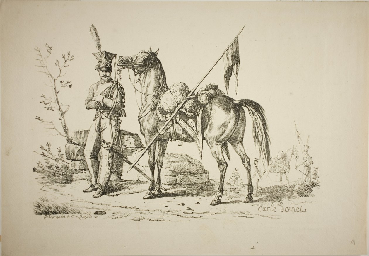 Lanciere a piedi che cammina accanto al suo cavallo da Carle Vernet