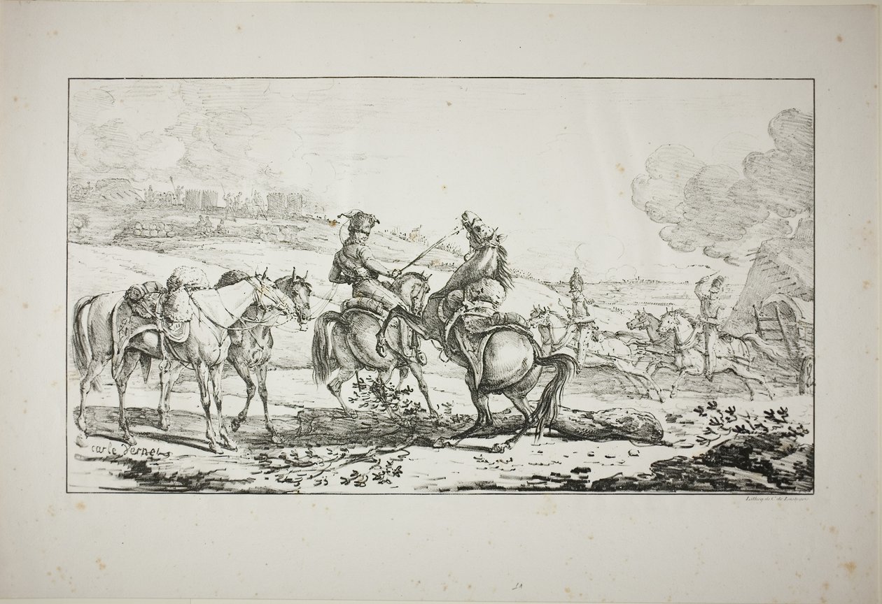 Artigliere a cavallo con tre cavalli imbrigliati insieme da Carle Vernet