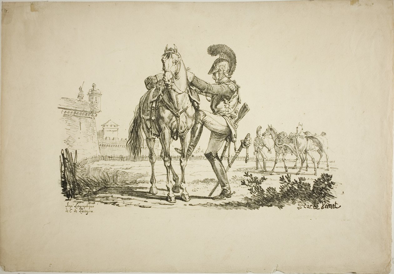 Fuciliere che monta a cavallo da Carle Vernet