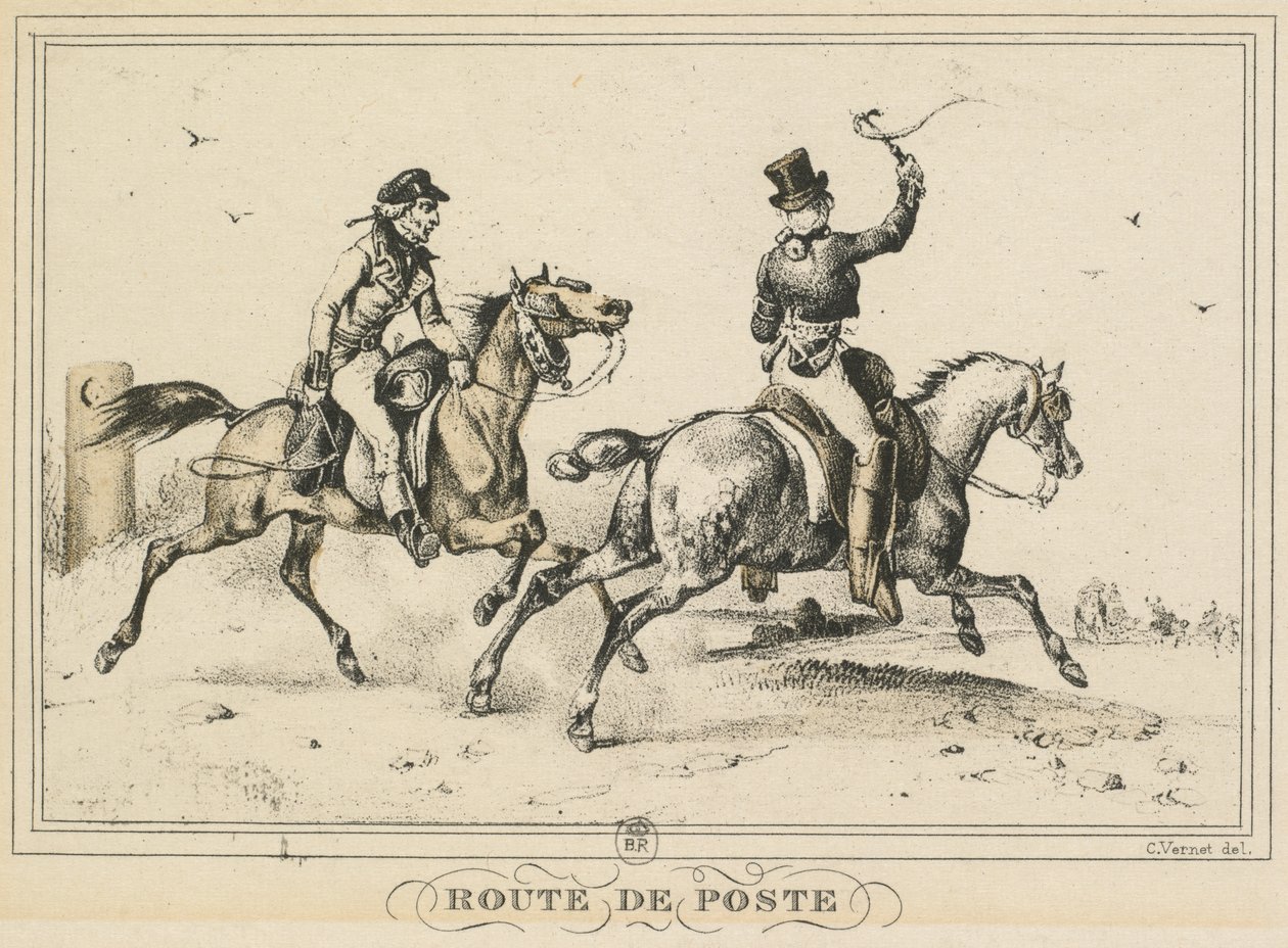 Scene di vita quotidiana, strade e sentieri: percorso postale, 1817 da Carle Vernet