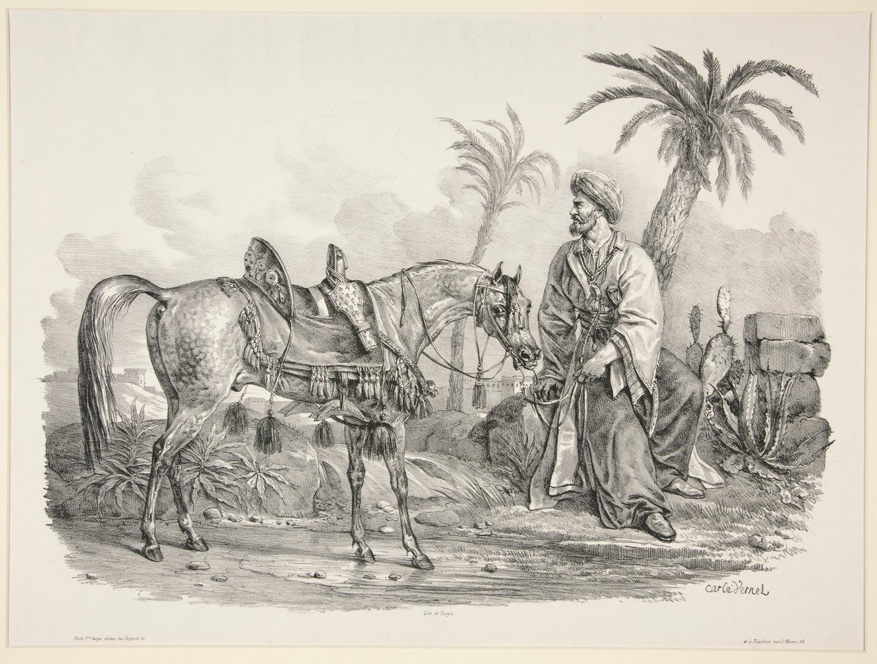 Arabo seduto che tiene le briglie di un cavallo arabo da Carle Vernet