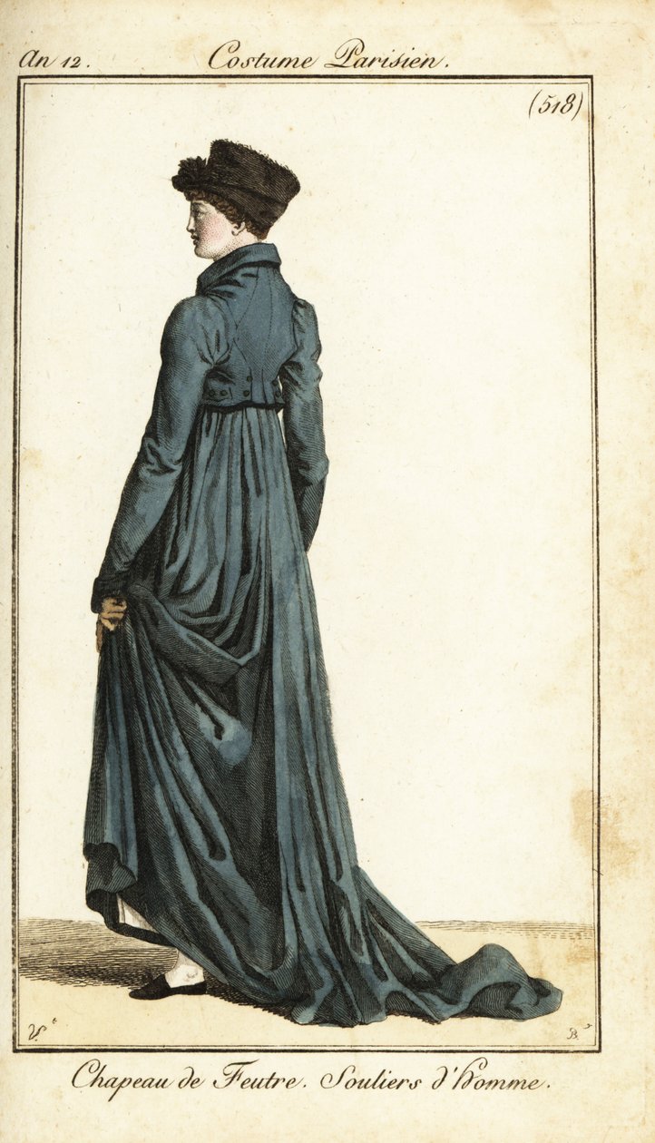 Donna con cappello di feltro, lungo cappotto da equitazione, pantofole da uomo, Parigi da Carle Vernet
