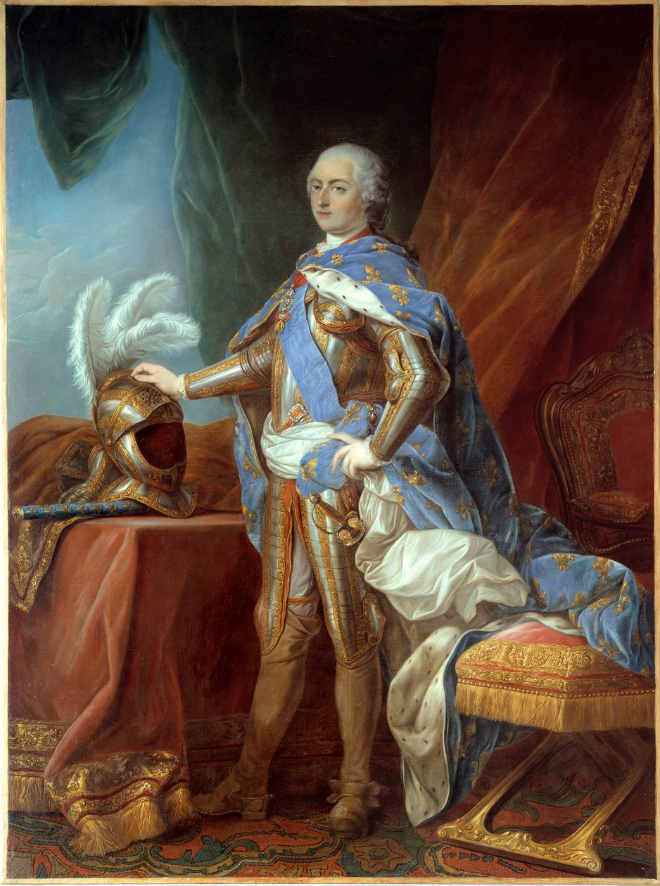Ritratto a figura intera di Luigi XV (1710-1774), in armatura, mano posata su un elmo. Dipinto di Carle Van Loo (1705-1765) da Carle van Loo
