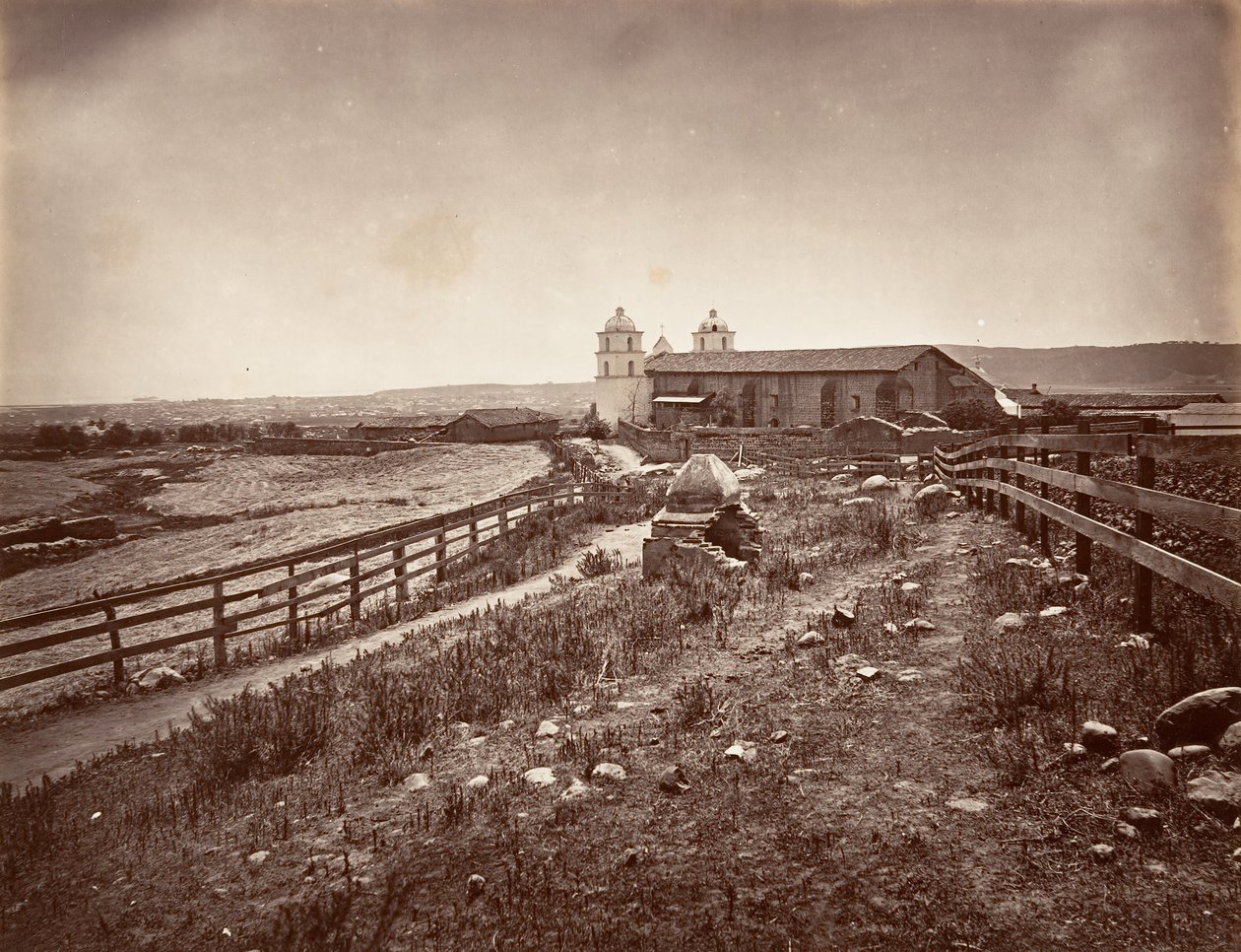 Santa Barbara e Chiesa della Missione, 1876, stampato ca. 1876 da Carleton Emmons Watkins