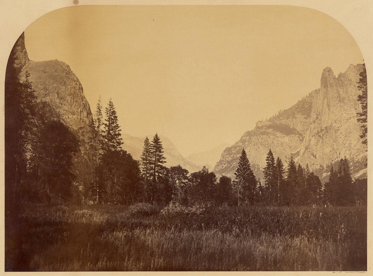 Yosemite, veduta del fondovalle con Sentinel Rock a destra da Carleton Watkins