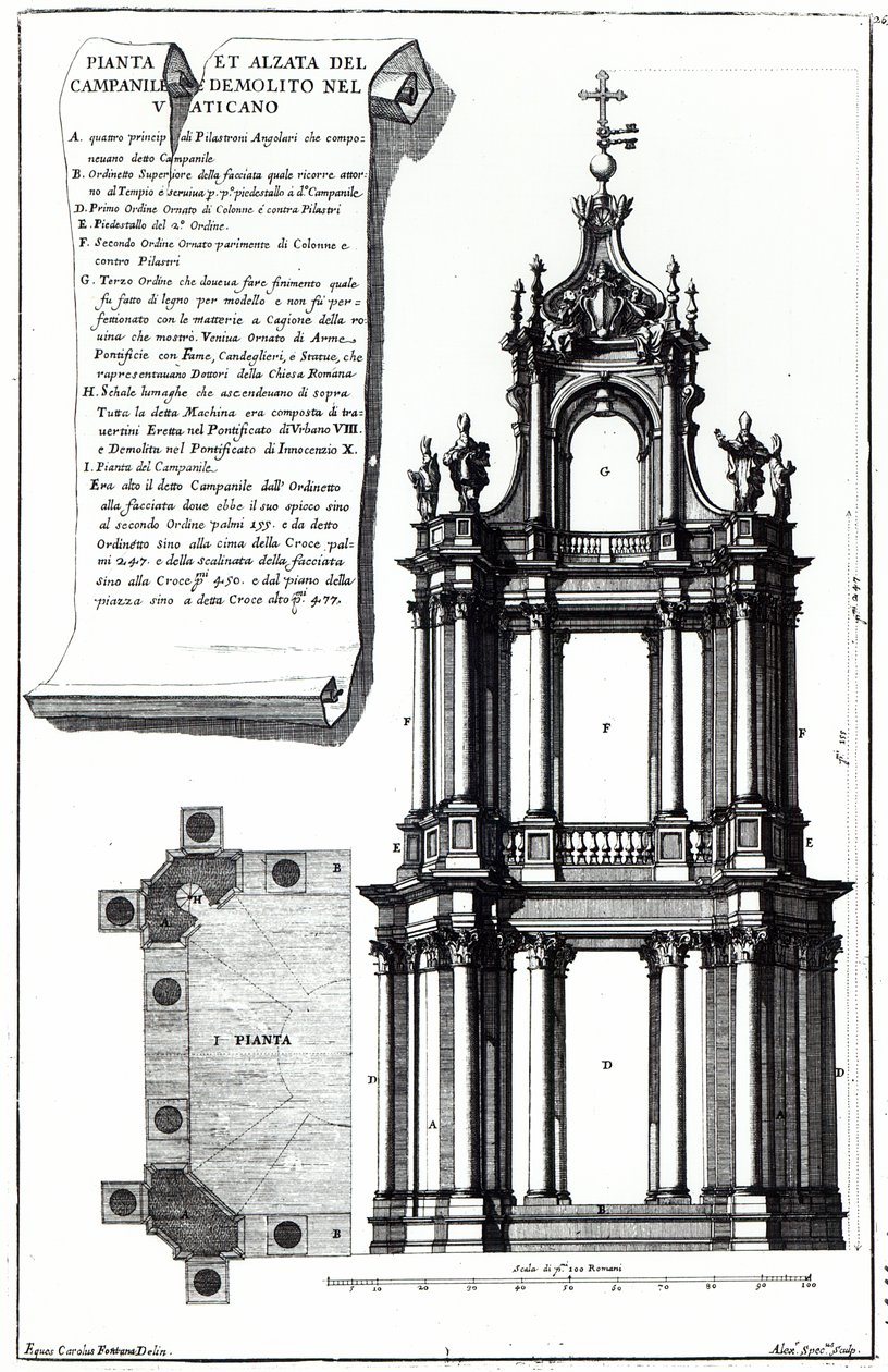 Un campanile progettato per San Pietro, Roma, inciso da Alessandro Specchi da Carlo Fontana