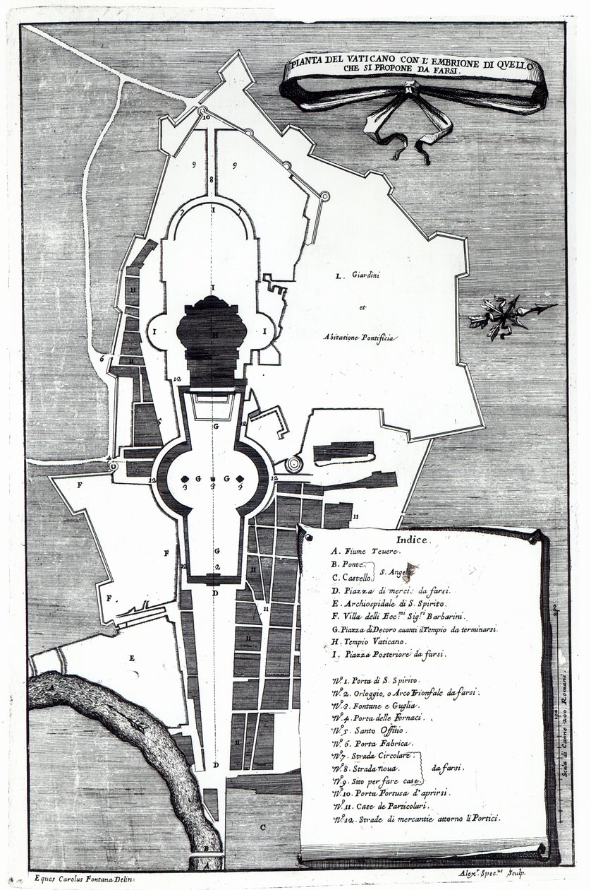 Piantina del Vaticano, Roma, inciso da Alessandro Specchi da Carlo Fontana