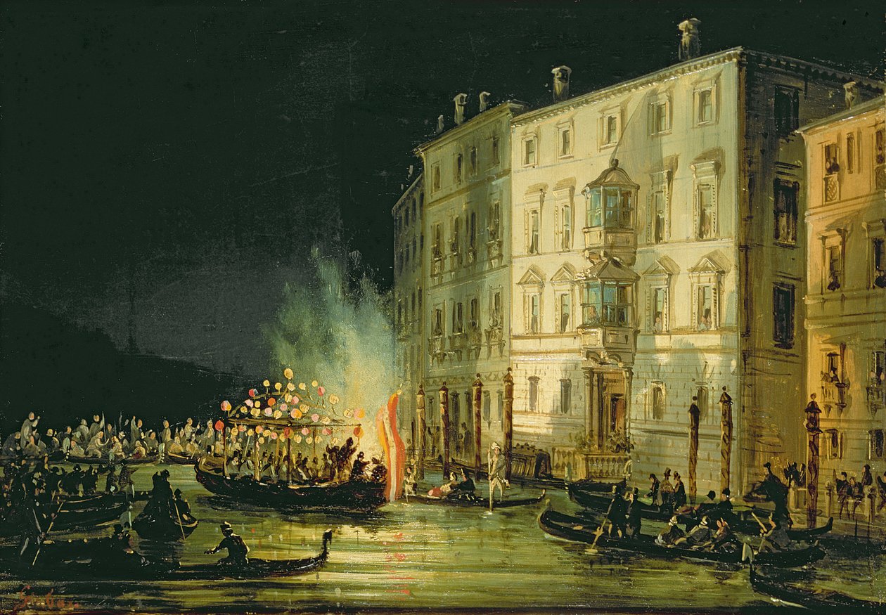 Canale veneziano di notte con festeggiamenti e fuochi d