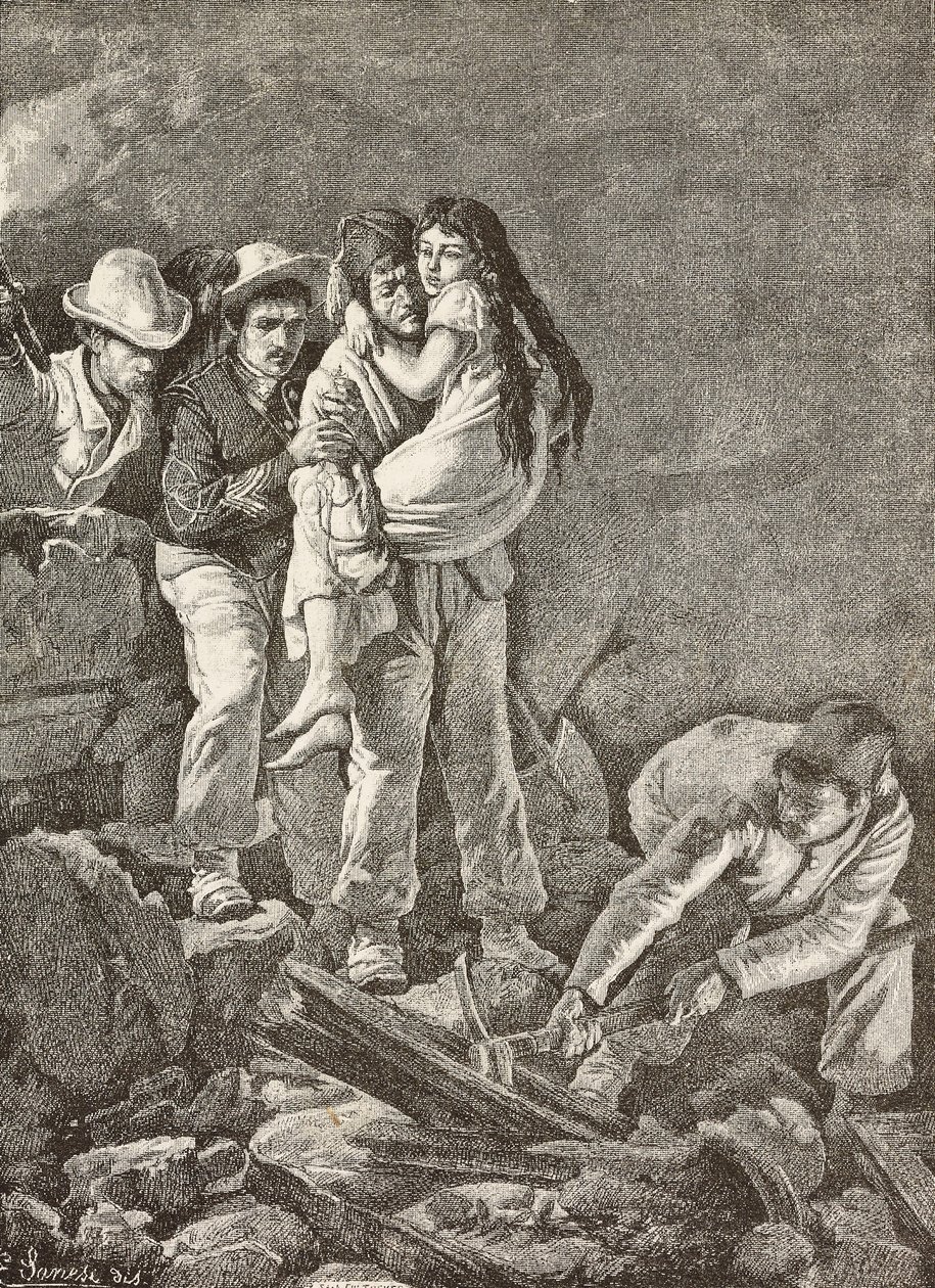Una ragazza viene salvata dopo il crollo della sua casa, terremoto di Casamicciola, Italia, incisione da un disegno di E Sanesi e un dipinto di Carlo Ademollo (1824-1911), da L
