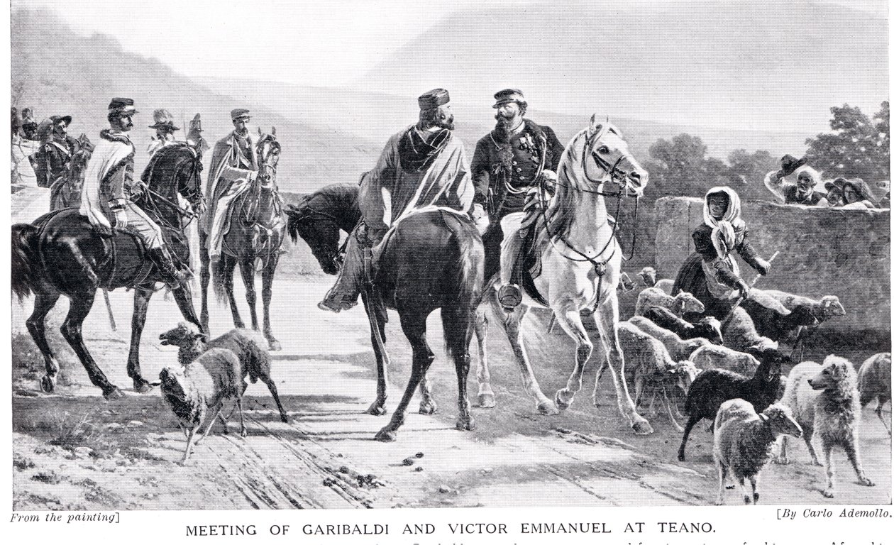 Incontro di Garibaldi e Vittorio Emanuele a Teano, illustrazione da 