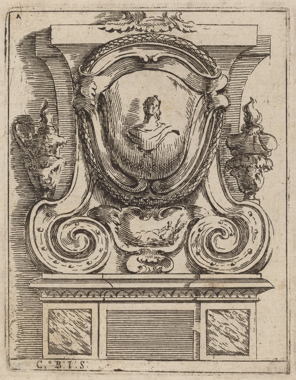 Motivo architettonico con busto e due lampade da Carlo Antonio Buffagnotti