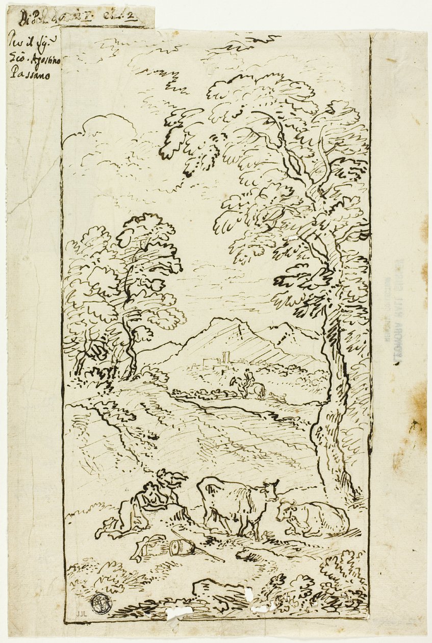 Paesaggio collinare con mucche e pastori in primo piano da Carlo Antonio Tavella