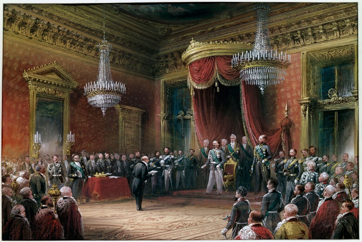 Risorgimento - Carlo Farini presenta a Vittorio Emanuele II il patto di annessione dell