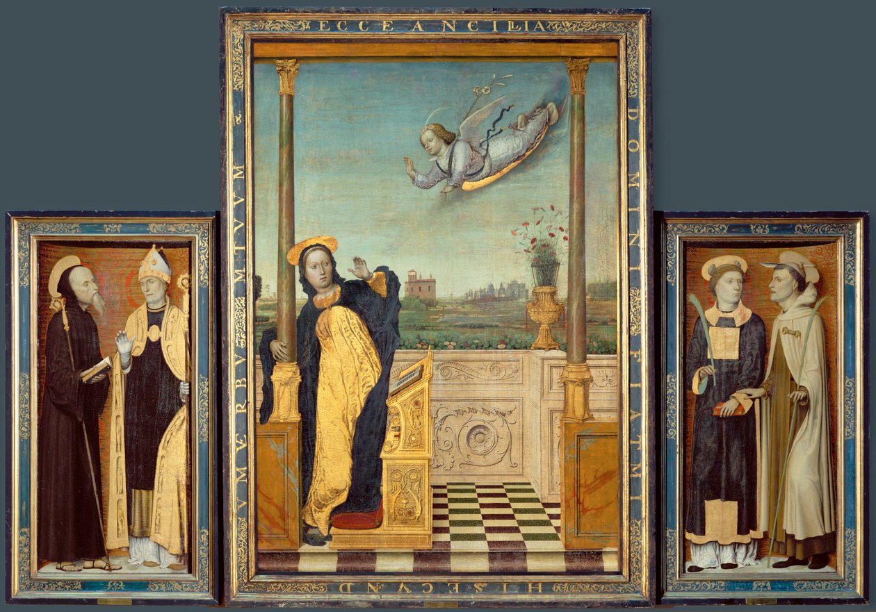 Annunciazione, Santi Benedetto e Agostino, Santo Stefano e Angelus (dipinto su tavola) da Carlo Braccesco