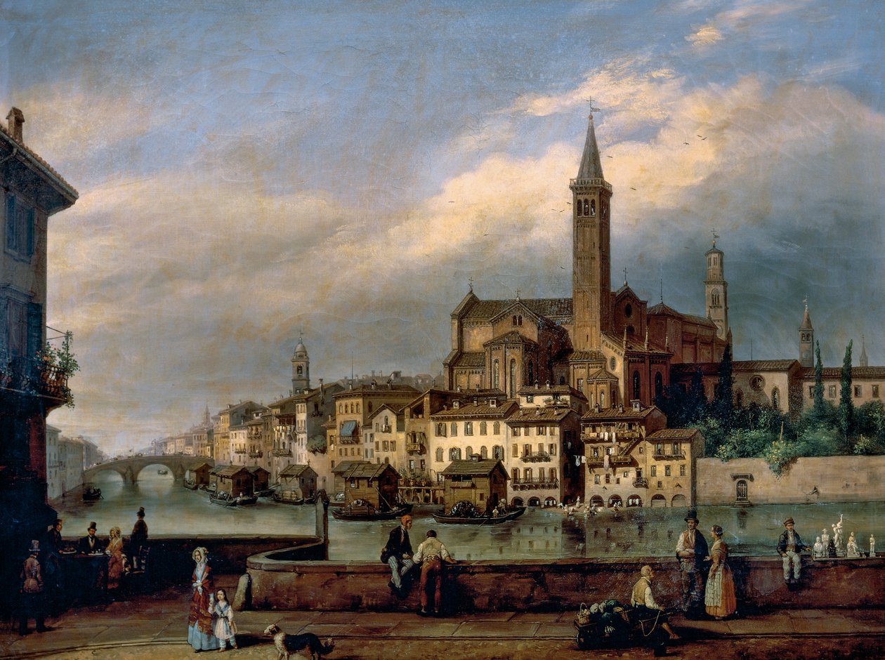Veduta lungo il fiume Adige a Verona, con la Chiesa di Sant