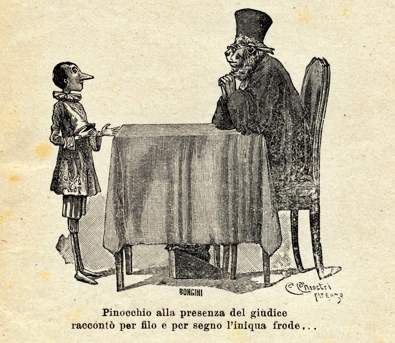 Pinocchio di fronte al giudice. Illustrazione di Carlo Chiostri (1863-1839) per il romanzo "Le avventure di Pinocchio" di Carlo Lorenzini o Carlo Collodi (1826-1890) 1924. da Carlo Chiostri